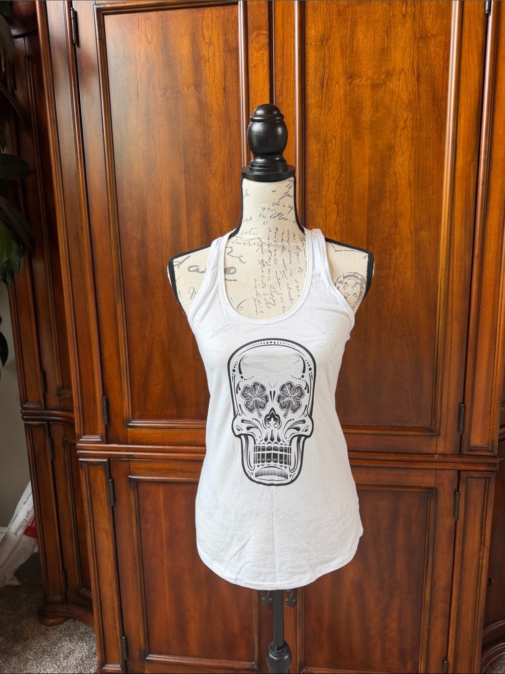 White Racerback Tank Top with Black Sugar Skull Graphic